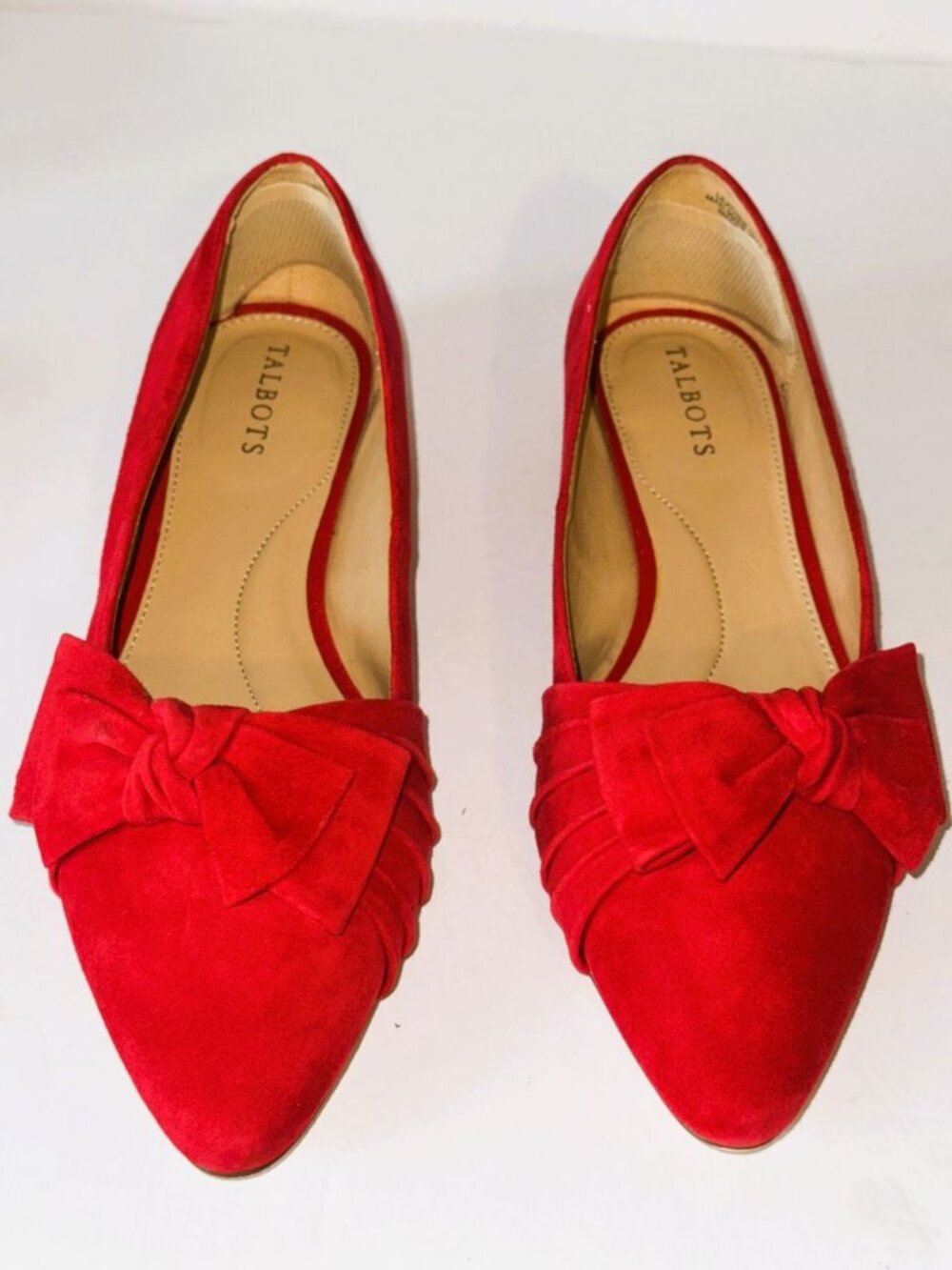 Red Suede Bowed Pointed Flats, Talbots, Edison style, Size 8.5